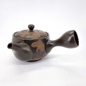 Japanese brown tokoname kyusu teapot with leaf patterns, GINKGO, 200 cc