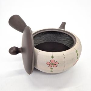 Théière kyusu japonaise Tokoname en terre noir et blanche motif fleurs, 250cc