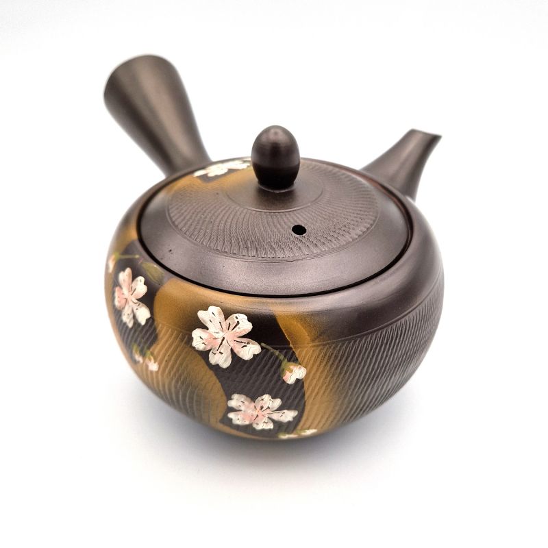 Teiera giapponese tokoname kyusu, KURO SAKURA, nero e fiori di ciliegio