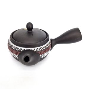 Tetera japonesa kyusu tokoname marrón con motivos de líneas rojas y blancas, RYUSAKU, 280 cc