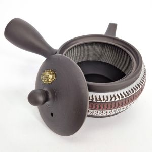 Tetera japonesa kyusu tokoname marrón con motivos de líneas rojas y blancas, RYUSAKU, 280 cc