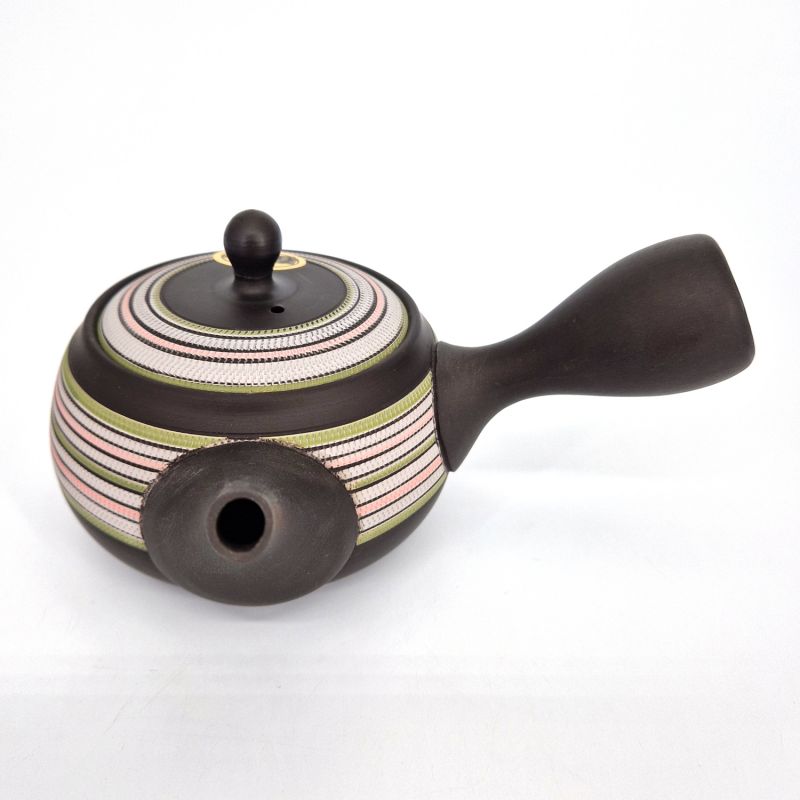 Japanese brown tokoname kyusu teapot with red and green lines, SUTORAIPO, 340 cc