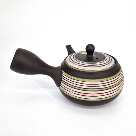 Japanische braune Tokoname-Kyusu-Teekanne mit roten und grünen Linien, SUTORAIPO, 340 cc