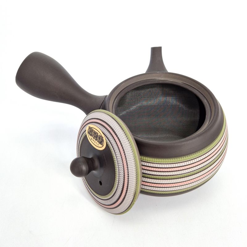 Japanese brown tokoname kyusu teapot with red and green lines, SUTORAIPO, 340 cc