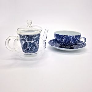 Blue Flower Crystal Cup & Saucer, Japanese Pottery