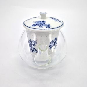 Japanische Teekanne aus Keramik und Glas mit weißen und blauen Blumen, GARASU, 480cc