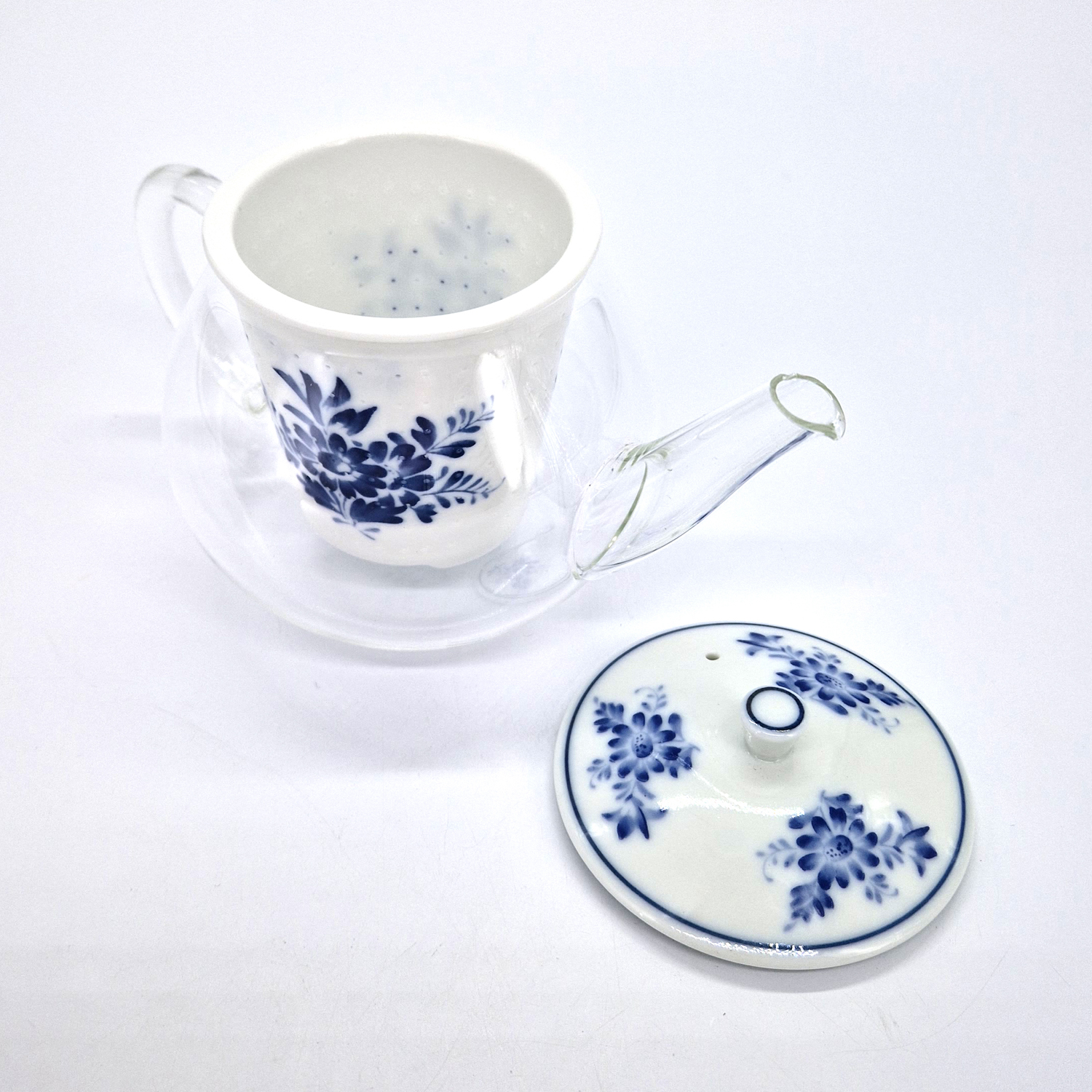 Théière japonaise en céramique et verre blanche et bleue fleurs avec tasse  et sous-tasse, GARASU