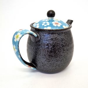 Japanese ceramic teapot with handle, blue and gray - HANA, 500 cc