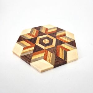 Hexagonal YOSEGI cup coaster, traditional Hakone marquetry