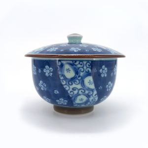 Bol à thé japonais Chawanmushi avec couvercle, fleurs bleues, Ume Komon