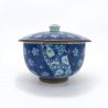 Japanese Chawanmushi tea bowl with lid, blue flowers, Ume Komon