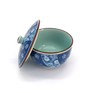 Bol à thé japonais Chawanmushi avec couvercle, fleurs bleues, Ume Komon