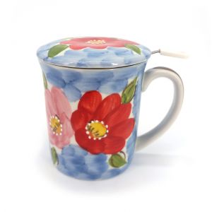 Taza de té japonesa de cerámica con tapa y filtro, motivos florales, FURAWAZU