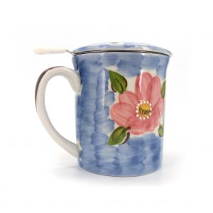 Tasse à thé en céramique japonaise avec couvercle et filtre, motifs fleurs, FURAWAZU