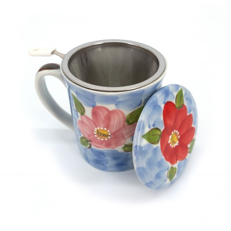 Taza de té japonesa de cerámica con tapa y filtro, motivos florales, FURAWAZU