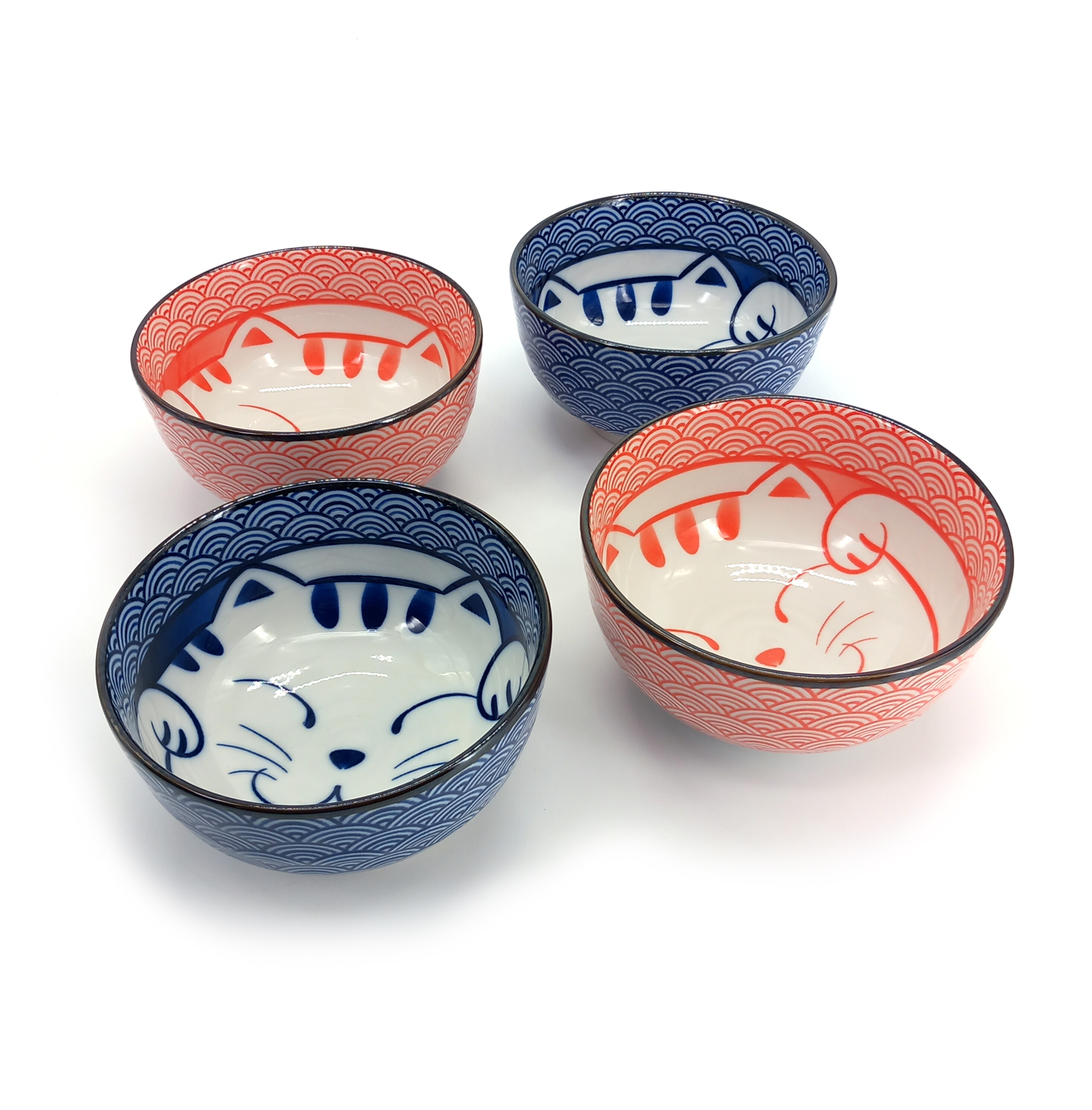 Set da 4 ciotole giapponesi di ceramica per ramen MANEKINEKO rosso e blu