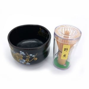 Japanese tea ceremony bowl with whisk - TENMUME UME