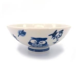 Japanese blue and white ceramic rice bowl, FUKURO, owl