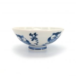 Japanese blue and white ceramic rice bowl, FUKURO, owl