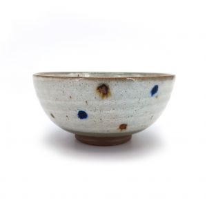 Japanese ceramic rice bowl, brown and blue dots, POINTO