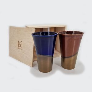 Duo of tall Japanese purple and red ceramic tea cups - DO