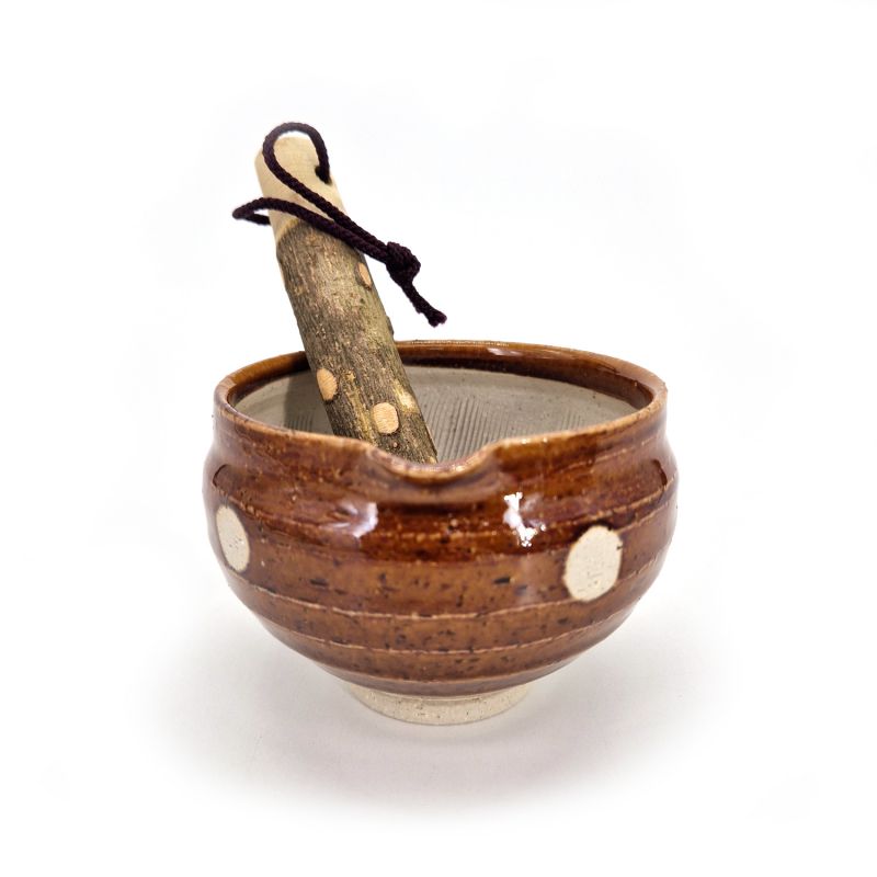 Cuenco suribachi japonés de cerámica con mortero de madera, DAIDOKORO, 9 cm