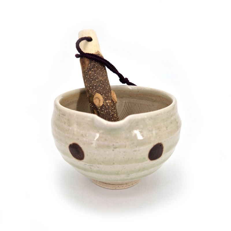 Japanese ceramic suribachi bowl - SURIBACHI - White with brown dot