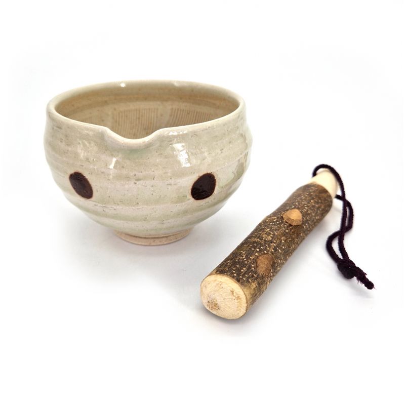 Cuenco suribachi japonés de cerámica - SURIBACHI - Blanco con lunares marrones