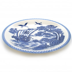 grande assiette avec image bateau bleu et grues couleur blanche en céramique TAKARA FUNE