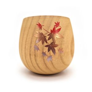 Japanese natsume wooden tea cup with maple leaf pattern, MOMIJI 1