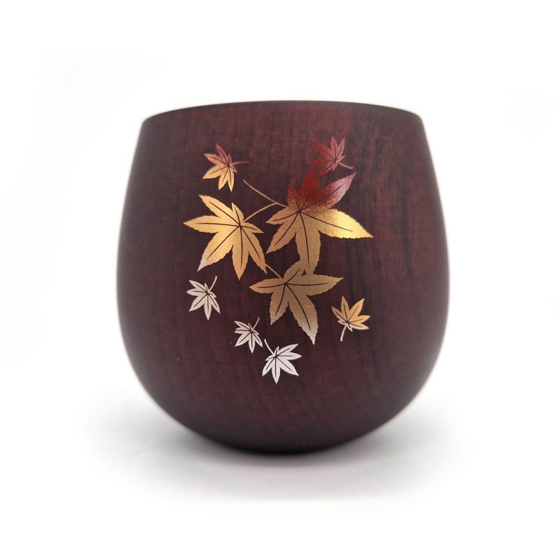 Tasse à thé japonaise en bois natsume foncé motif feuilles d'érable, MOMIJI 1