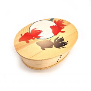 Boîte à repas Bento japonaise ovale en bois avec 4 séparations motif poissons, KINSK 