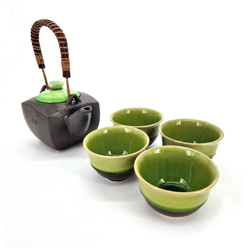 Juego de tetera y 4 tazas de cerámica negra y verde - MIDORI
