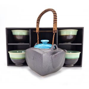 Set théière et 4 tasses noir et bleu en céramique - AOMI