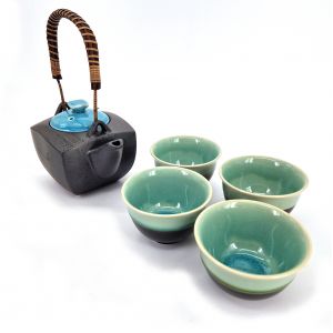 Set teiera e 4 tazze in ceramica nera e blu - AOMI