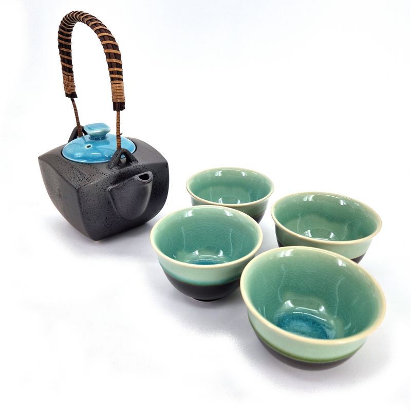 Set teiera e 4 tazze in ceramica nera e blu - AOMI