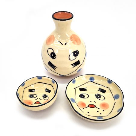 Servizio di sake giapponese in ceramica bianca, 1 bottiglia e 2 tazze,  SHIRO KANJI