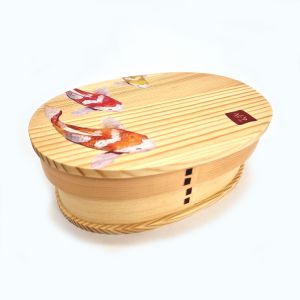 Fiambrera Bento japonesa ovalada de madera con estampado de peces, NISHIKI 1