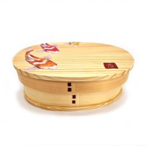 Japanese oval wooden Bento lunch box with fish pattern, NISHIKI 1