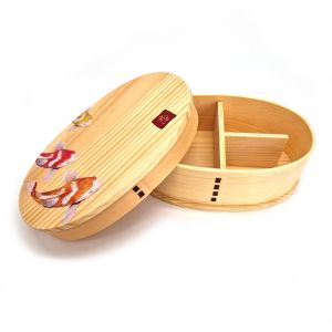 Boîte à repas Bento japonaise ovale en bois motif poissons, NISHIKI 1