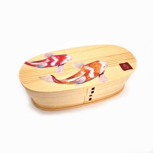 Japanese oval wooden Bento lunch box with fish pattern, NISHIKI 2