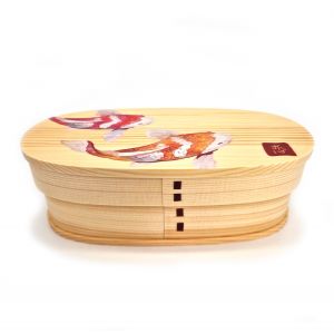 Japanese oval wooden Bento lunch box with fish pattern, NISHIKI 2