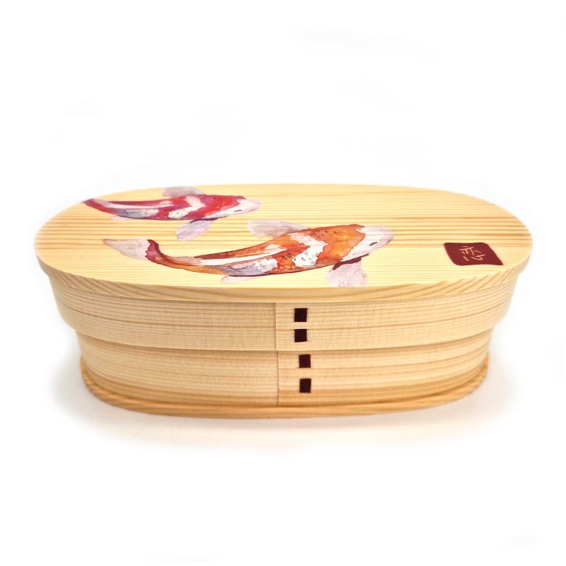 Boîte à repas Bento japonaise ovale en bois motif poissons, NISHIKI 2