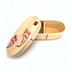 Japanese oval wooden Bento lunch box with fish pattern, NISHIKI 2