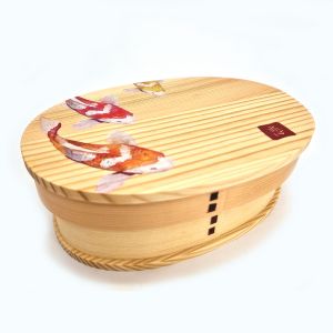 Japanese oval wooden Bento lunch box with 4 fish pattern dividers, NISHIKI