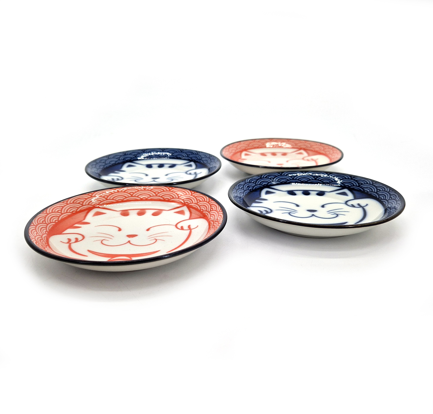 Set di 4 piccoli piatti in ceramica blu e rosa con motivo Gatto - NEKO