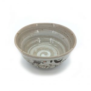 Japanese ceramic rice bowl, gray CAT illustrations - NEKO