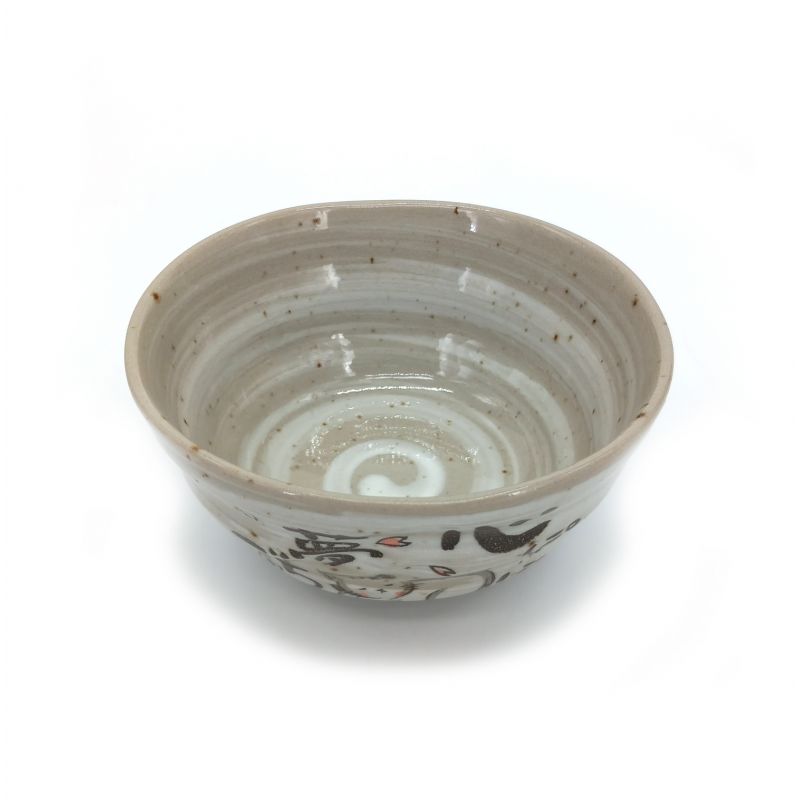 Japanese ceramic rice bowl, gray CAT illustrations - NEKO