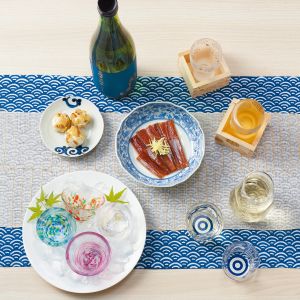 Japanese glass sake service, 1 bottle and 2 glasses, MOKUHYO