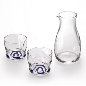 Japanese glass sake service, 1 bottle and 2 glasses, MOKUHYO